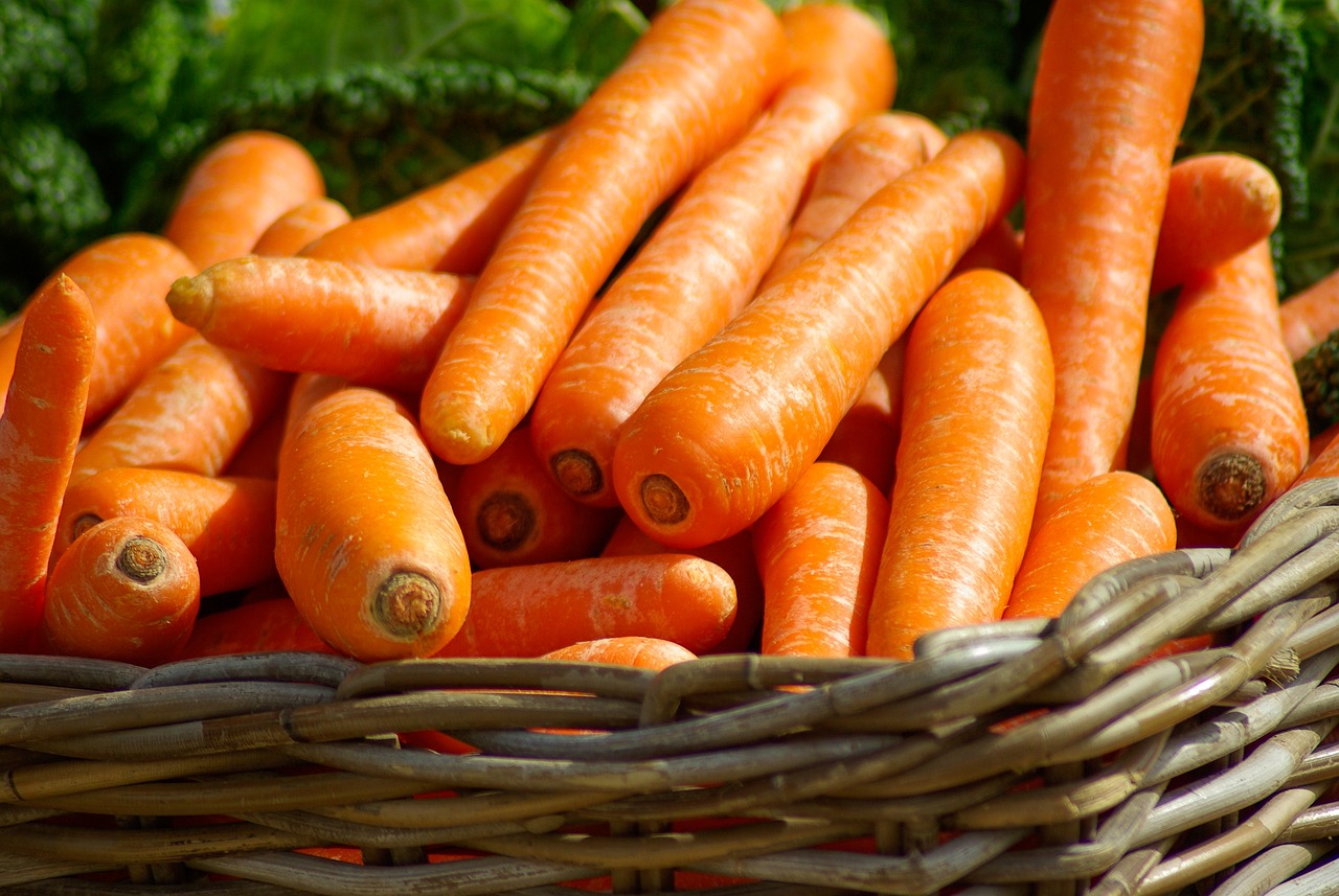 Fresh carrots in wicker basket